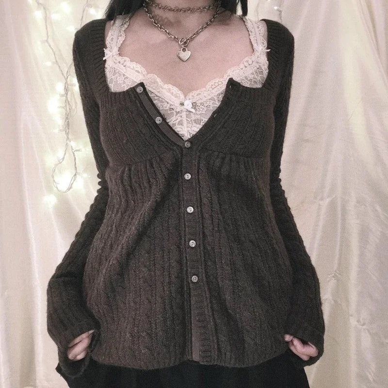Vintage Babydoll Tops Pullovers Lady Aesthetic Coquette Knit Sweaters Outfit Square Neck Long Sleeve Knitwear Jumpers Y2k