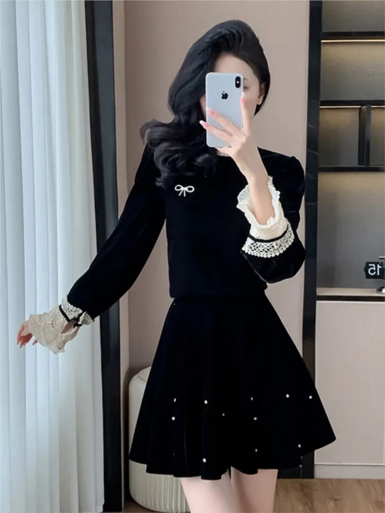 Autumn Elegant Velvet Two-piece Skirt Set Women Long Sleeve Lace Patchwork Crop Top Mini Skirt Korean Fashion Y2K Chic Outfits