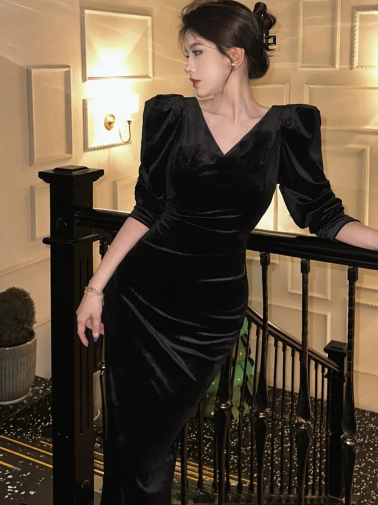 French Vintage Black Velvet Dresses for Women Long Sleeve Slim Waist V-neck Bodycon Evening Party Dress Autumn Korean Vestidos
