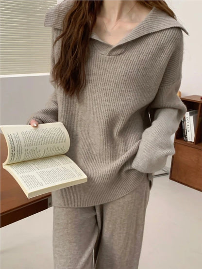 Autumn Winter Women’s Knitted 2-piece Set Lapel Pullover Sweater Long Pants Korean Fashion Casual Female Clothing Knitwear New