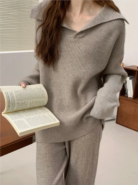 Autumn Winter Women’s Knitted 2-piece Set Lapel Pullover Sweater Long Pants Korean Fashion Casual Female Clothing Knitwear New