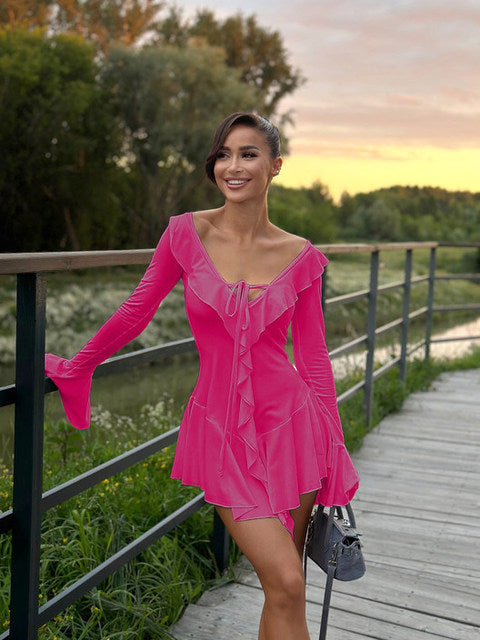 Sexy Deep V Ruffled Bodycon Short Skirt For Women  Fall Ruffled Flared Sleeves Party Evening Dress Street Clothing