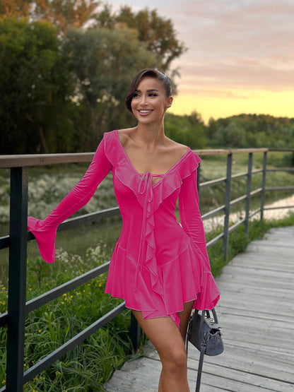 Sexy Deep V Ruffled Bodycon Short Skirt For Women  Fall Ruffled Flared Sleeves Party Evening Dress Street Clothing