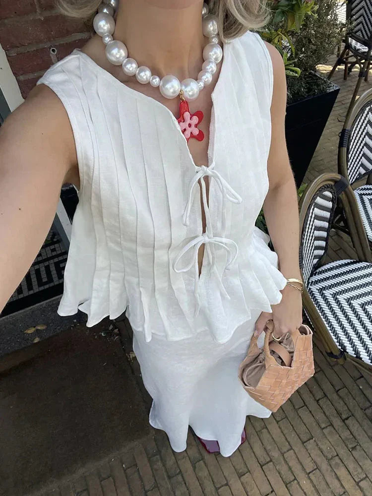 White Bandage Ribbed Tank Top Shirts For Hollow Out Sleeveless Slim Vest Lace-Up Vest Y2k Top