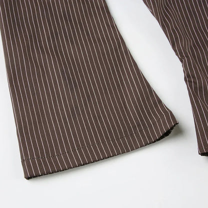 Vintage Brown Striped Blouse Women Fashion High Street Fitted Tee Shirt 2000s Casual Button Top Ladies Fall Outfits