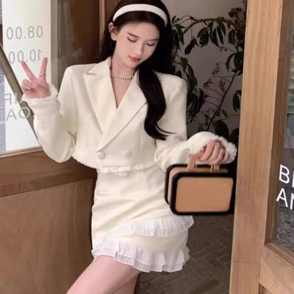 Autumn New Luxury Two-piece Skirt Set Women Lapel Crop Jacket Ruffles Patchwork Bodycon Mini Skirt Korean Fashion Female Outfits