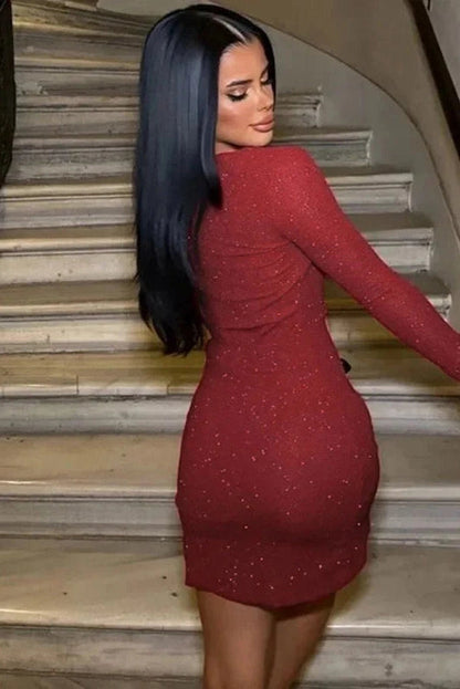 Deep V Neck Long Sleeve Bodycon Mini Dress with Slit
