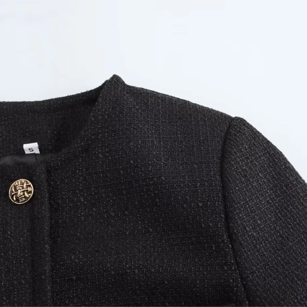 Autumn O neck Soft Woolen Black Tweed Coat Cropped Vintage Women Front Pocket Single-Breated Buttons Short Blazer Elegant Jacket
