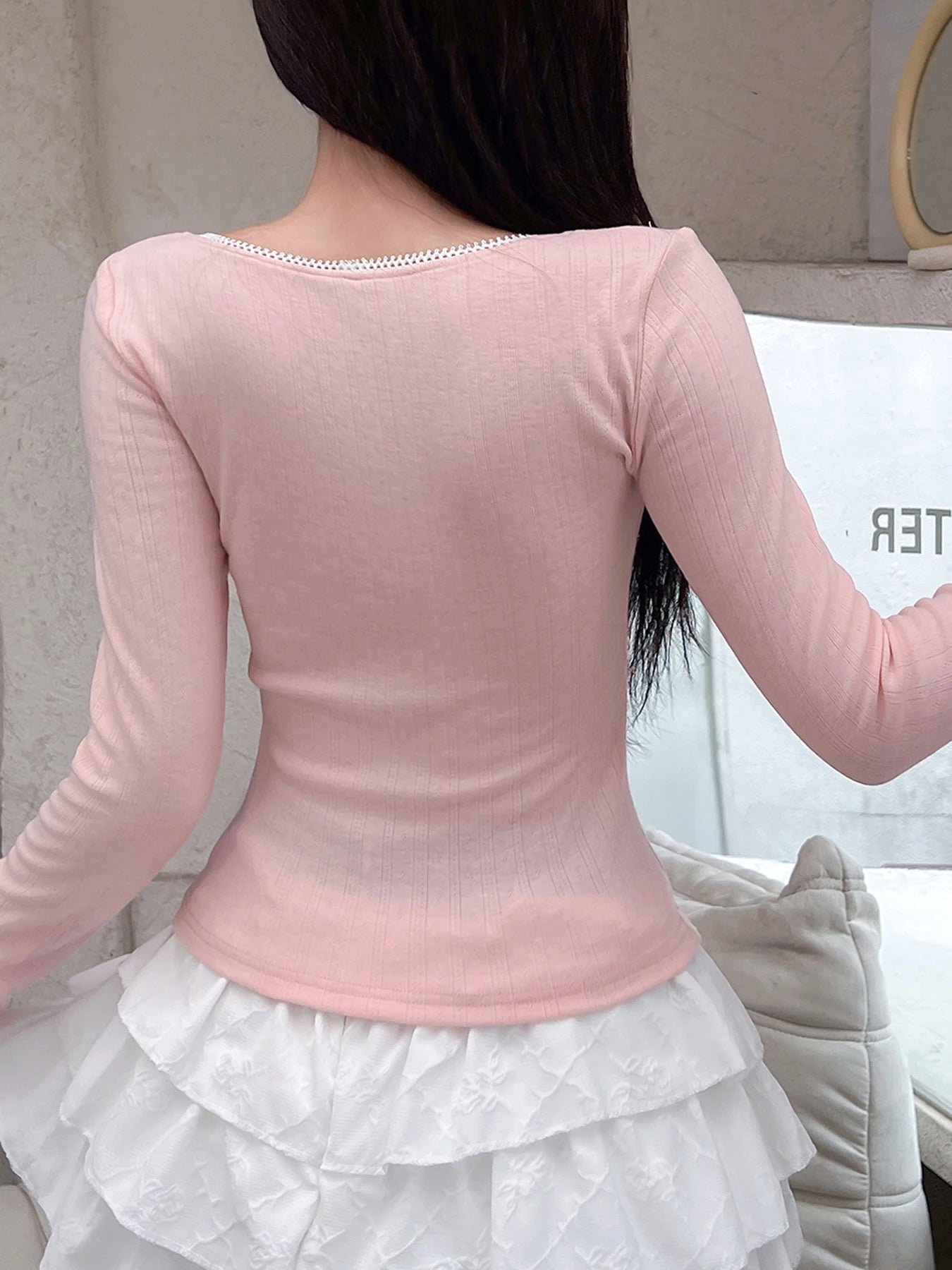 Japanese Kawaii Pink Slim Long Sleeve T-Shirt Women Contrast Patchwork Square Collar Sweet Basic Spring Autumn Top Tees