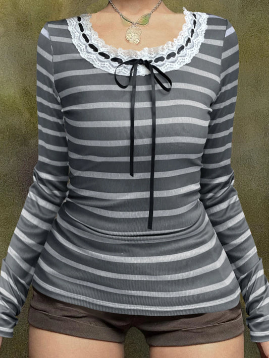 Slim Stripe Long Sleeve T Shirt Women Contrast Patchwork Lace Trim Tie O Neck Cute Y2K Kawaii Tee Basic Korean Clothes