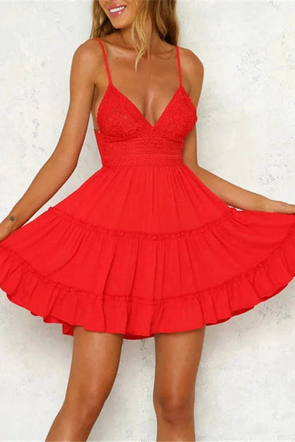 V-Neck Backless Lace-Up Mini Dress with Spaghetti Straps