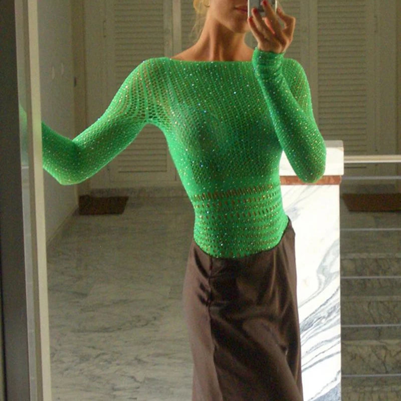 Diamonds Hollow Out Sexy Crop Tops Chic Women Mesh See Through Backless T Shirt Clubwear Y2K Aesthetic Skinny Smock Tees Clothes