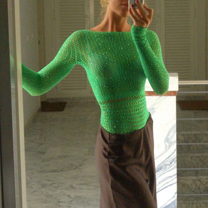 Diamonds Hollow Out Sexy Crop Tops Chic Women Mesh See Through Backless T Shirt Clubwear Y2K Aesthetic Skinny Smock Tees Clothes