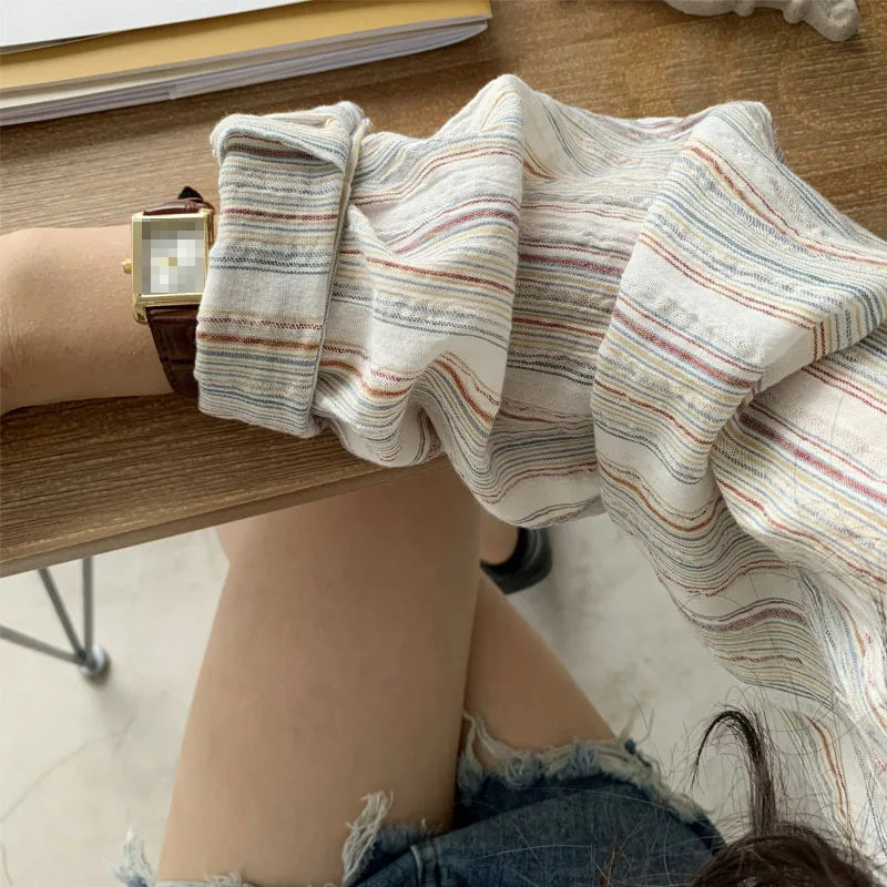 Y2k Lazy Casual Retro Pinstripe Shirt Comfortable Tops Stand Collar Loose Lazy Breathable Sunscreen Clothes