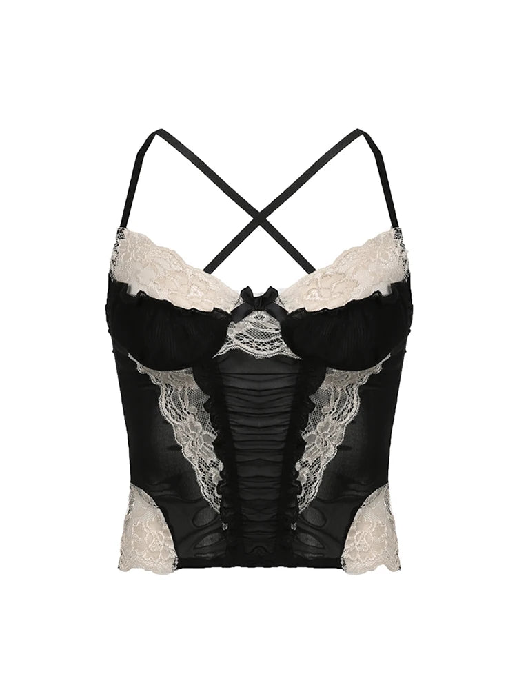 Contrast Lace Patchwork Black Goth Y2K Camisole Women Front Ruched Back Cross Slim Cute Mesh Crop Top