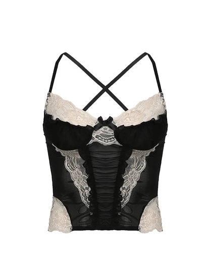 Contrast Lace Patchwork Black Goth Y2K Camisole Women Front Ruched Back Cross Slim Cute Mesh Crop Top