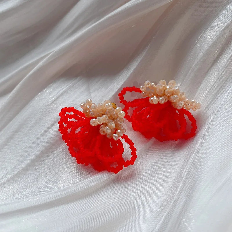 Pearl Crystal Fringed Flower Earrings Elegant Personality Studs Ms Jewelry from South Korea