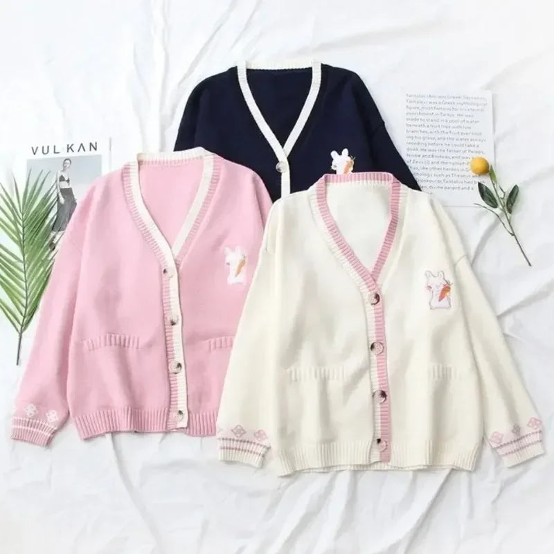 Korean Sweet Chic Women Sweaters Japanese V Neck Long Sleeve Cute Cardigans 2021 New Embroidery Cardigan