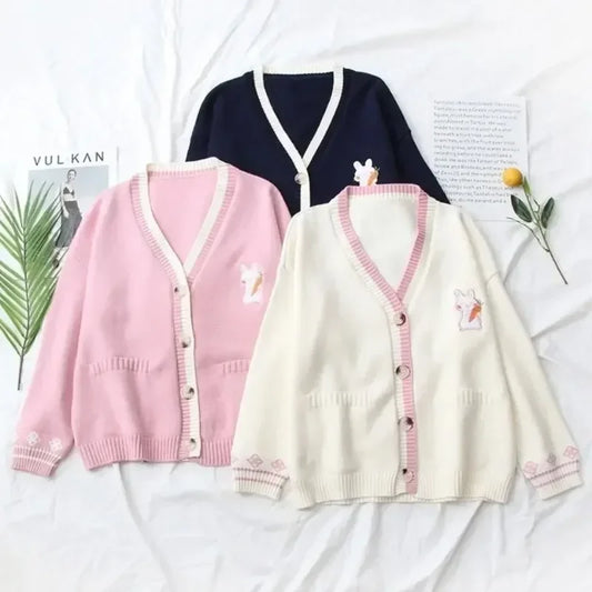 Korean Sweet Chic Women Sweaters Japanese V Neck Long Sleeve Cute Cardigans 2021 New Embroidery Cardigan