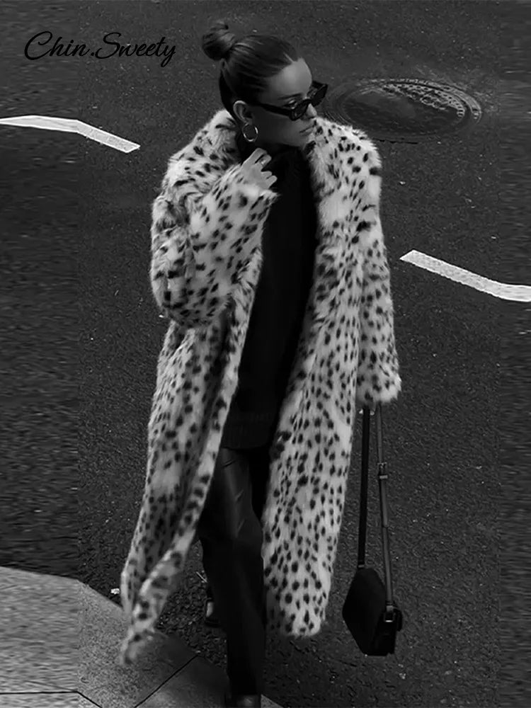 Fashion Animal Lapel Faux Fur Long Coat Women Loose Long Sleeve Pocket Lady Overcoats Autumn Winter Warm Street Thick Outwear