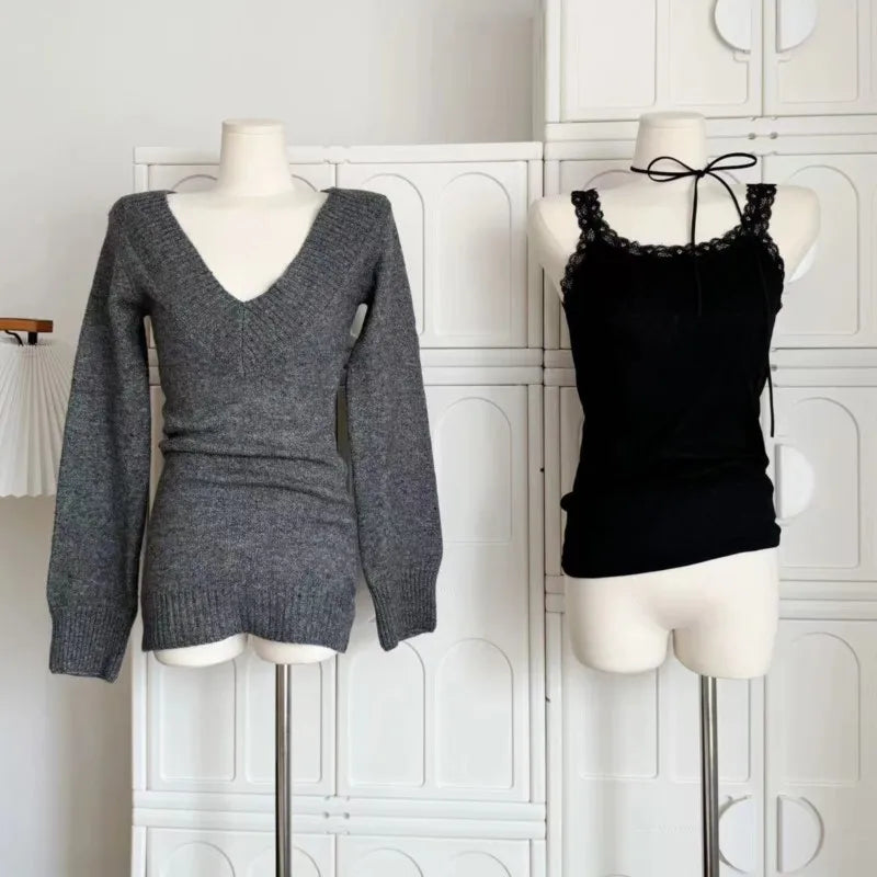 Autumn Winter Woman Gyaru V-neck French Vintage Sweater Long Sleeve Pullover Knitwear Mini Skirt 2000s Aesthetic 3-piece Outfits