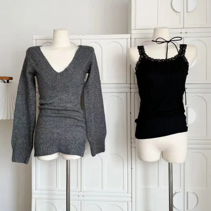 Autumn Winter Woman Gyaru V-neck French Vintage Sweater Long Sleeve Pullover Knitwear Mini Skirt 2000s Aesthetic 3-piece Outfits