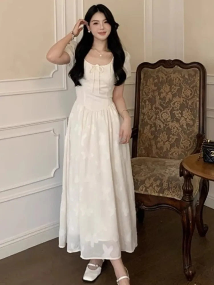 Elegant Midi Dresses for Women Summer New Puff Sleeve Square Collar A-line Casual Birthday Party Dress Korean One Piece Vestido