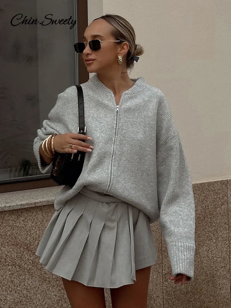 Vintage Knit Zipper Cardigan For Women Solid Loose O Neck Long Sleeve Sweater Top Female  Fall Winter All-matching Knitwear