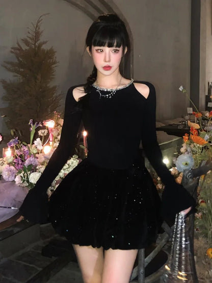 Autumn Winter Knitted Black Dresses for Women Long Sleeves High Waist A-line Birthday Party Dress Mini Vestidos Female Clothing