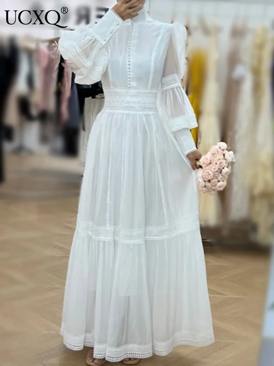 Elegant Long Dress Fairy Style Stand Up Collar Lantern Sleeves Splicing Waist Fashion Dresses Women 2025 Spring Autumn 1351