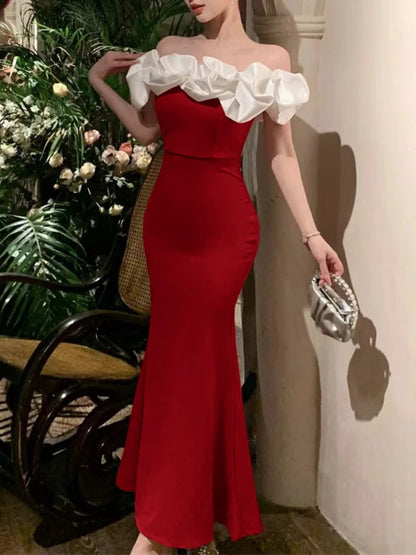 Sexy Bodycon Off Shoulder Party Dress Women  New Slim Waist Patchwork Elegant Lady Fashion Prom Robe Long Vestidos Mujers