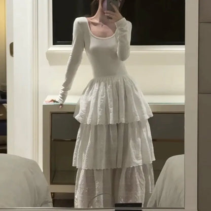 Autumn New Cake Midi Dresses for Women Solid Long Sleeve U-neck Backless A-line Korean Fashion Casual One Piece Vestidos Mujer