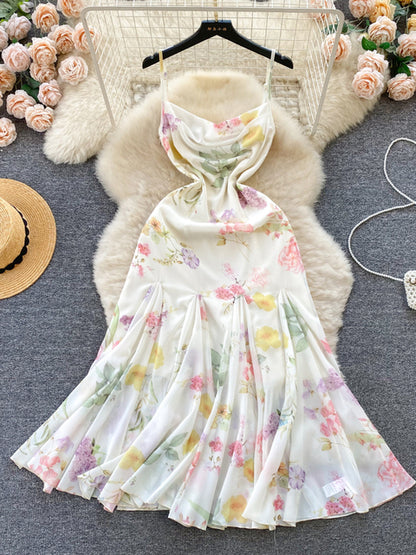 French Elegant Beach Dress  New Women Sexy Floral Printed Slim Mid Length Ruffled Party Dresses Ladies Summer Long Robe