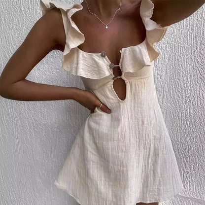 Hollow Ruffled Cotton Beach Gothic Mini Dress