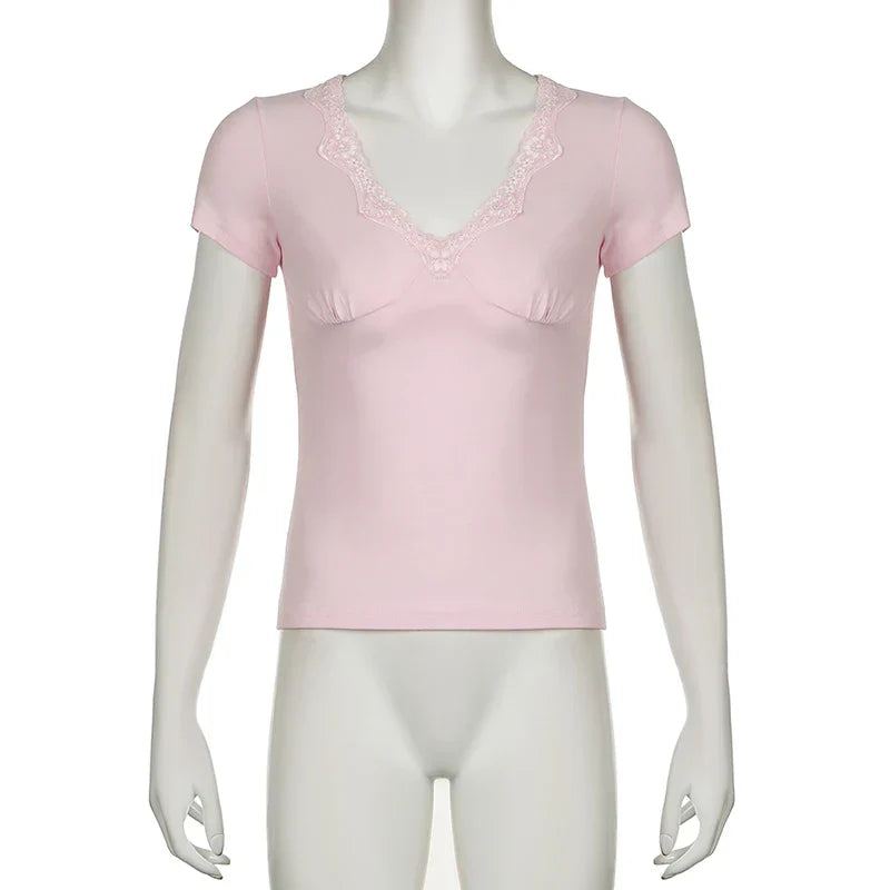 Voguable Kawaii Lace Patchwork V-neck Top Pink Casual Basic Short Sleeve T-shirts Sweet Japanese Style Y2K  Slim-fitting Tees