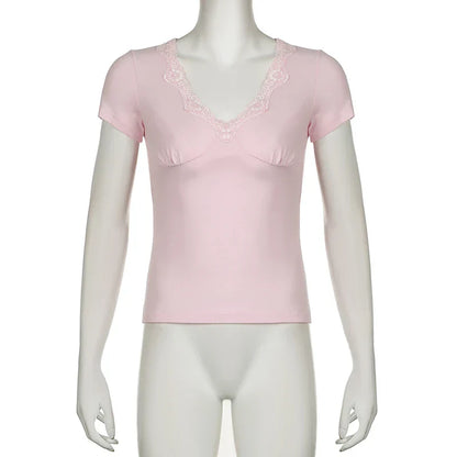 Voguable Kawaii Lace Patchwork V-neck Top Pink Casual Basic Short Sleeve T-shirts Sweet Japanese Style Y2K  Slim-fitting Tees