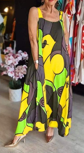 Print Spaghetti Strap Dresses Women Fashion Casual Pocket Loose Long Dress Lady Commuting Clothing Maxi Vestidos 2025 Summer New