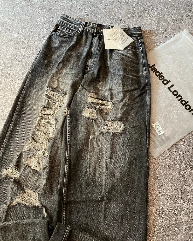 Washed Distressed Wide Leg Pants