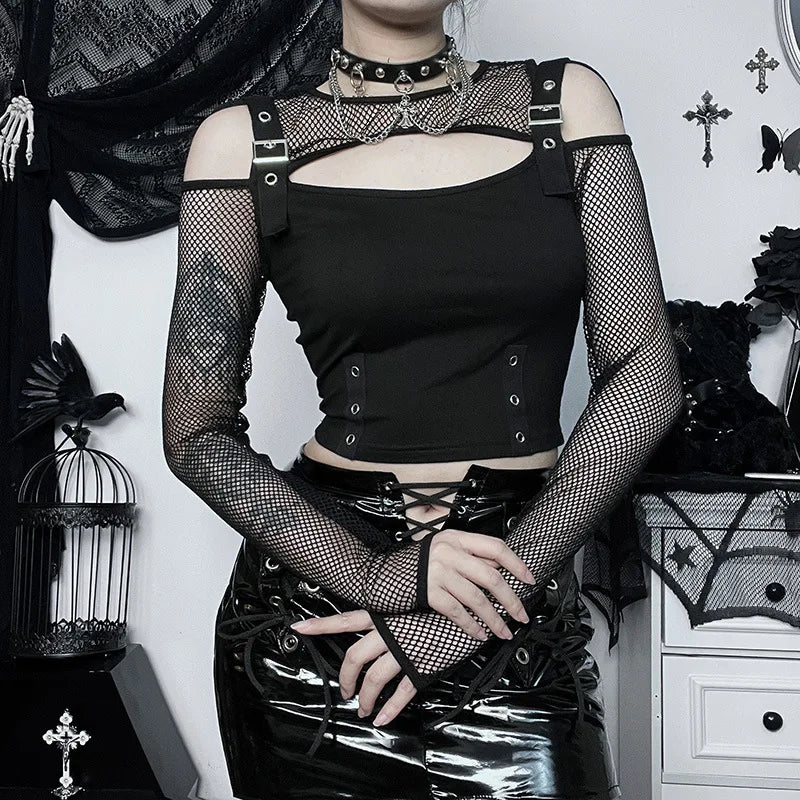 Buckle Detail Crop Mesh Top