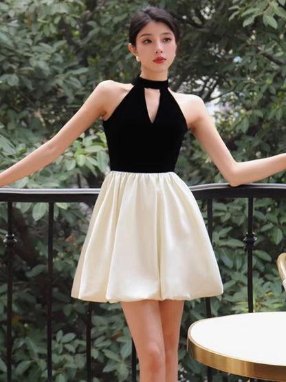 Woman Spring Summer New Elegant Velvet Patchwork Mini A-line Dresses Sleeveless Party Prom Fashion One Piece Clothes