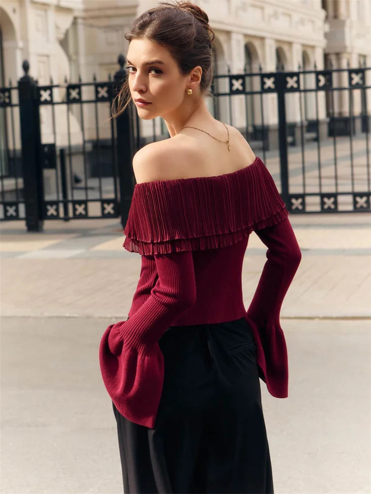 Knit Backless Sweater Pullover Female Patchwork Ribbed Off-Shoulder Slim Fashion Y2k Autumn Top Women&#8217;s Knitwear Pullover