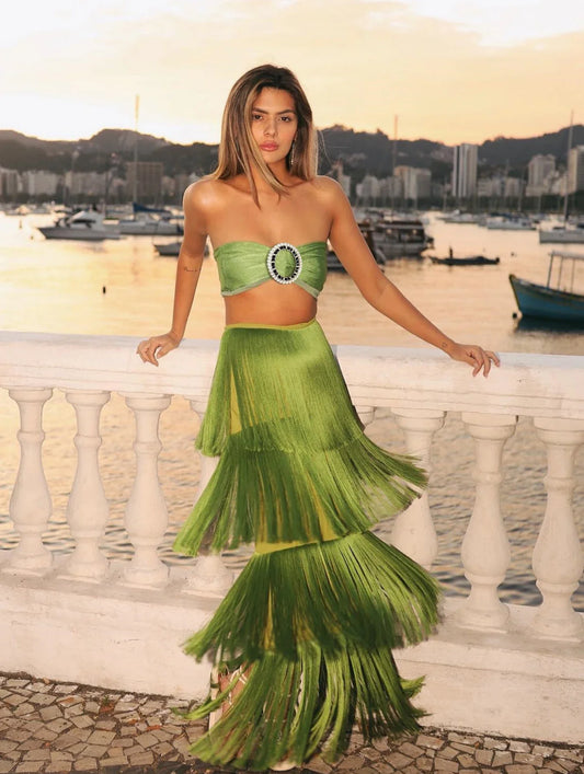 Tassel A Line High Waist Beach Two Piece Skirt Set