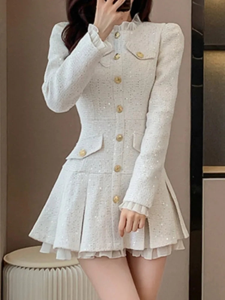 Women Fashion Tweed Plaid Short Dress Autumn Winter New Spliced Pleated Single Breasted Vestidos Female Elegant Chic Clothes