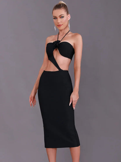 Eudora Bandage Halter Dress with Cut Out Flower Detail