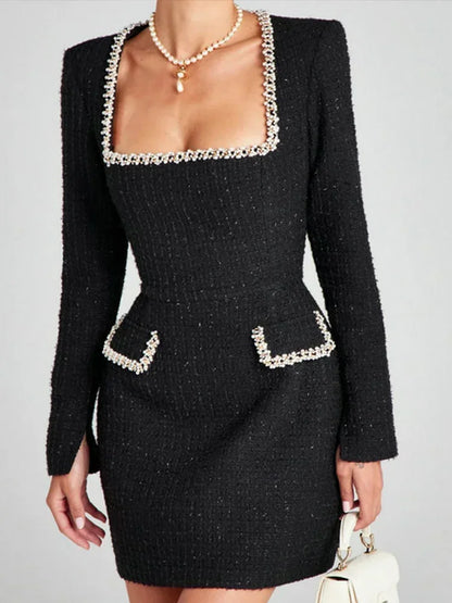 Elegant Tweed Short Party Dress Women Long Sleeve Square Collar Fake Pocket Evening Dresses  Autumn Shiny Slim A-line Robes