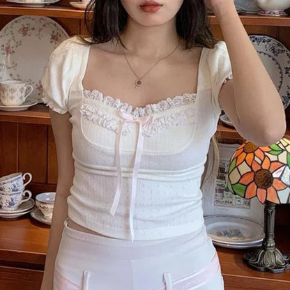 Voguable Cute Frill Lace Bow Decorate Top Puff Short Sleeve Square Collar T-shirts Y2K Aesthetic Tees Coquette