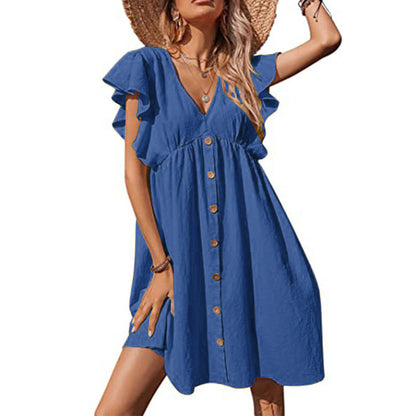 Short Sleeve Black Ruffle Dresses Women 2025 V-Neck Loose High Waist Sexy Dress for Summer Fashion Female Bohemian Sundress