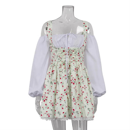 New Puff Sleeve Patchwork Print Dresses Sexy Spaghetti Strap Lace Up Short Bubble Dresses Women Summer Party Vacation Dress