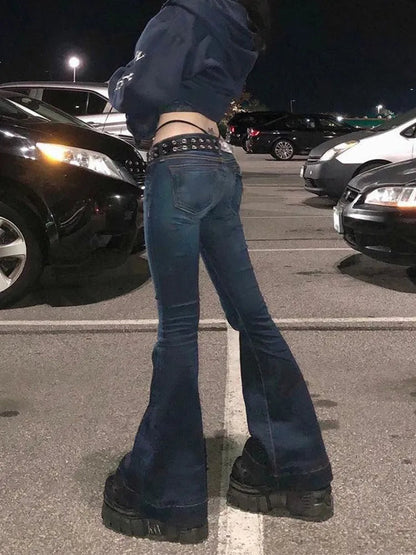 Vaqueros vintage acampanados de tiro bajo con lavado oscuro para mujer | Ideales para el día a día