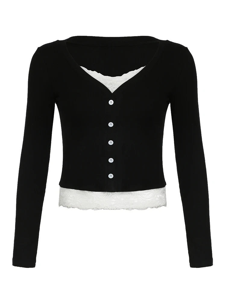 Contrast Lace Patchwork Cute Y2K Slim Long Sleeve Black T-Shirts Women Button Up V Neck Basic Spring Autumn Tee